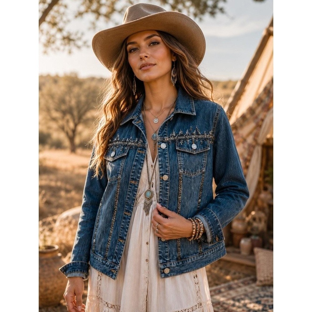 Chico's Beaded Embellished Stretch Denim Jacket Blue Jean Trucker Size 1 M